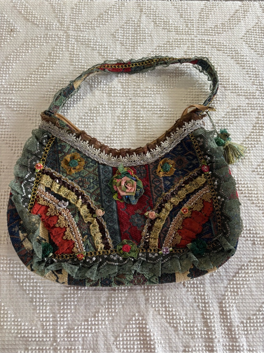 Whimsical coquette floral ruffle lace tapestry bag grannycore Fairycore bag